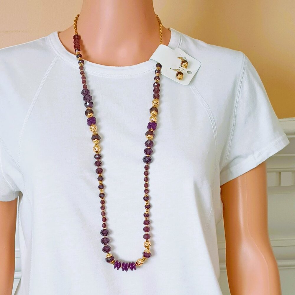 Long Beaded Necklace & Earring Set Women's Dark Purple & Gold Tone Jewelry